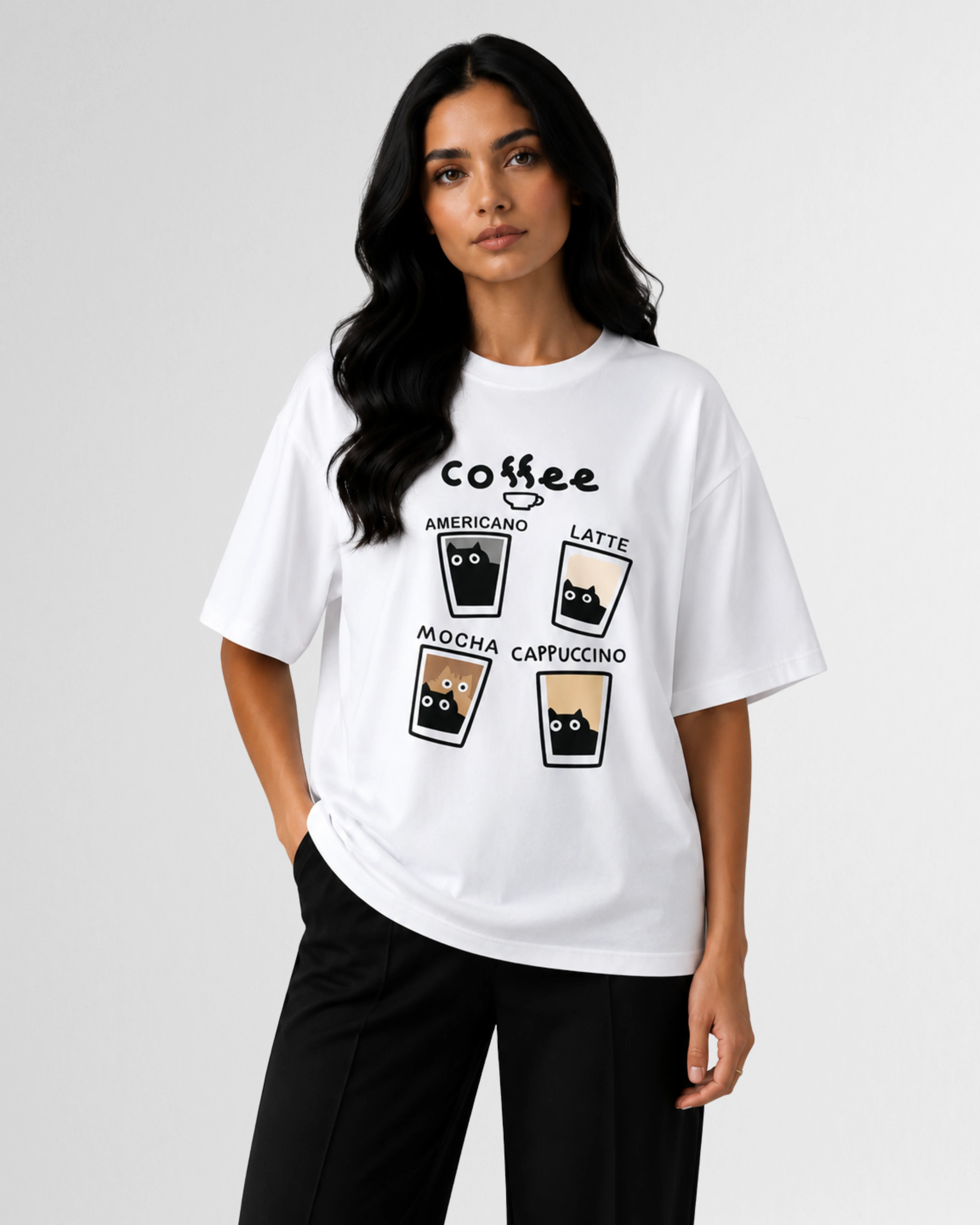 White Women's 4 Coffee Graphic Drop Shoulder T-Shirt (Code 4949)