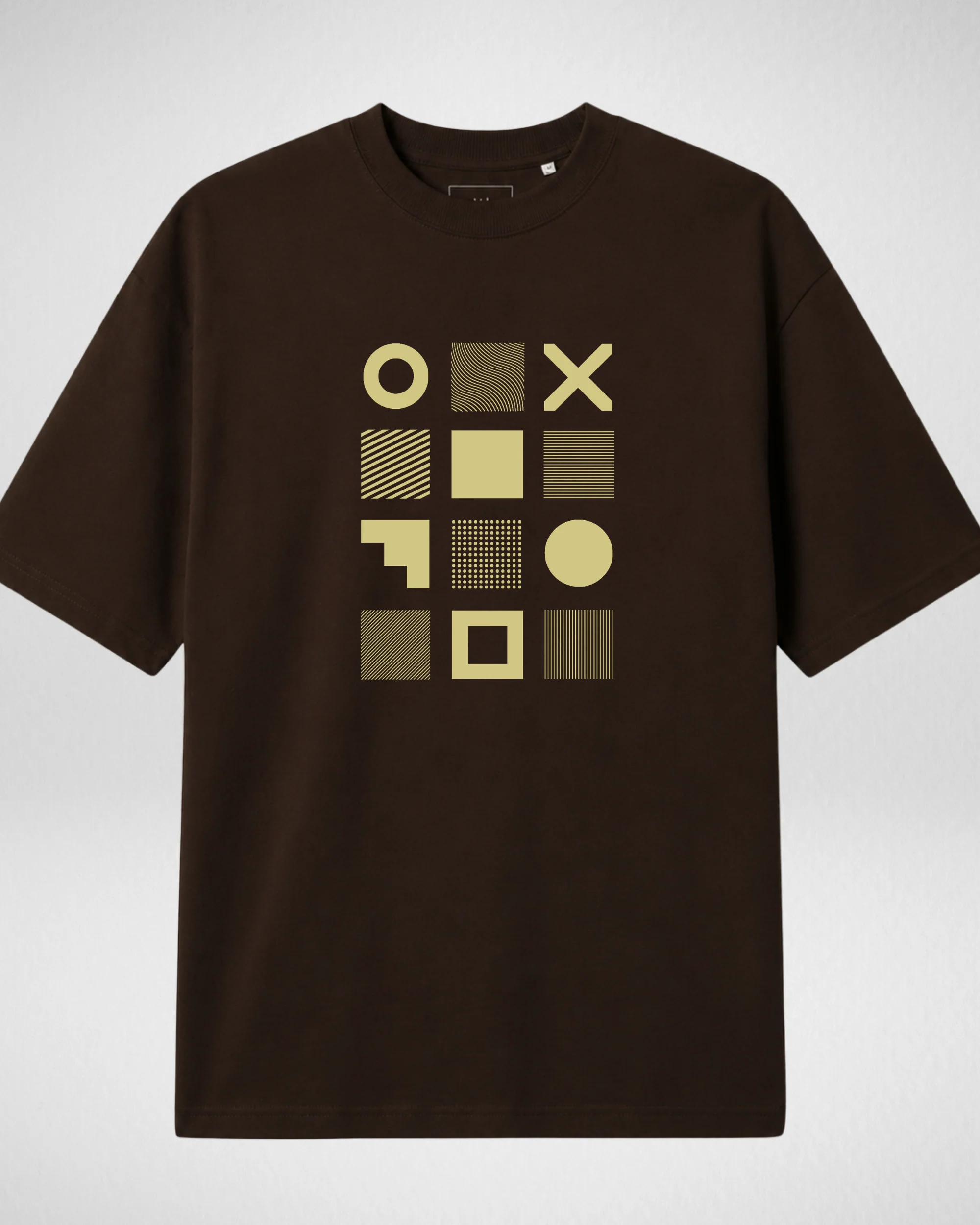 Dark Brown Geometric Grid Printed Drop Shoulder T-Shirt (Code 5375)