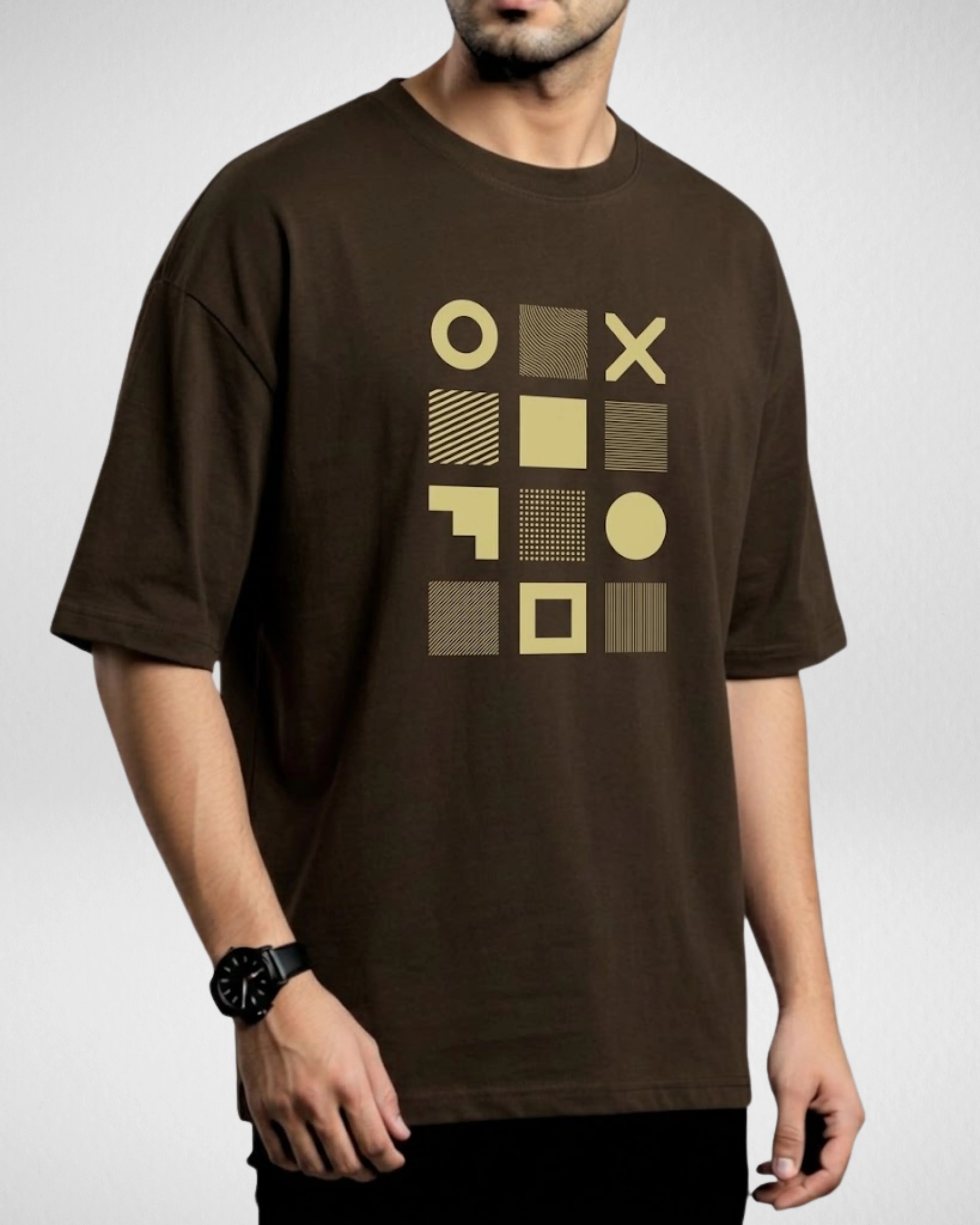 Dark Brown Geometric Grid Printed Drop Shoulder T-Shirt (Code 5375) - Image 2