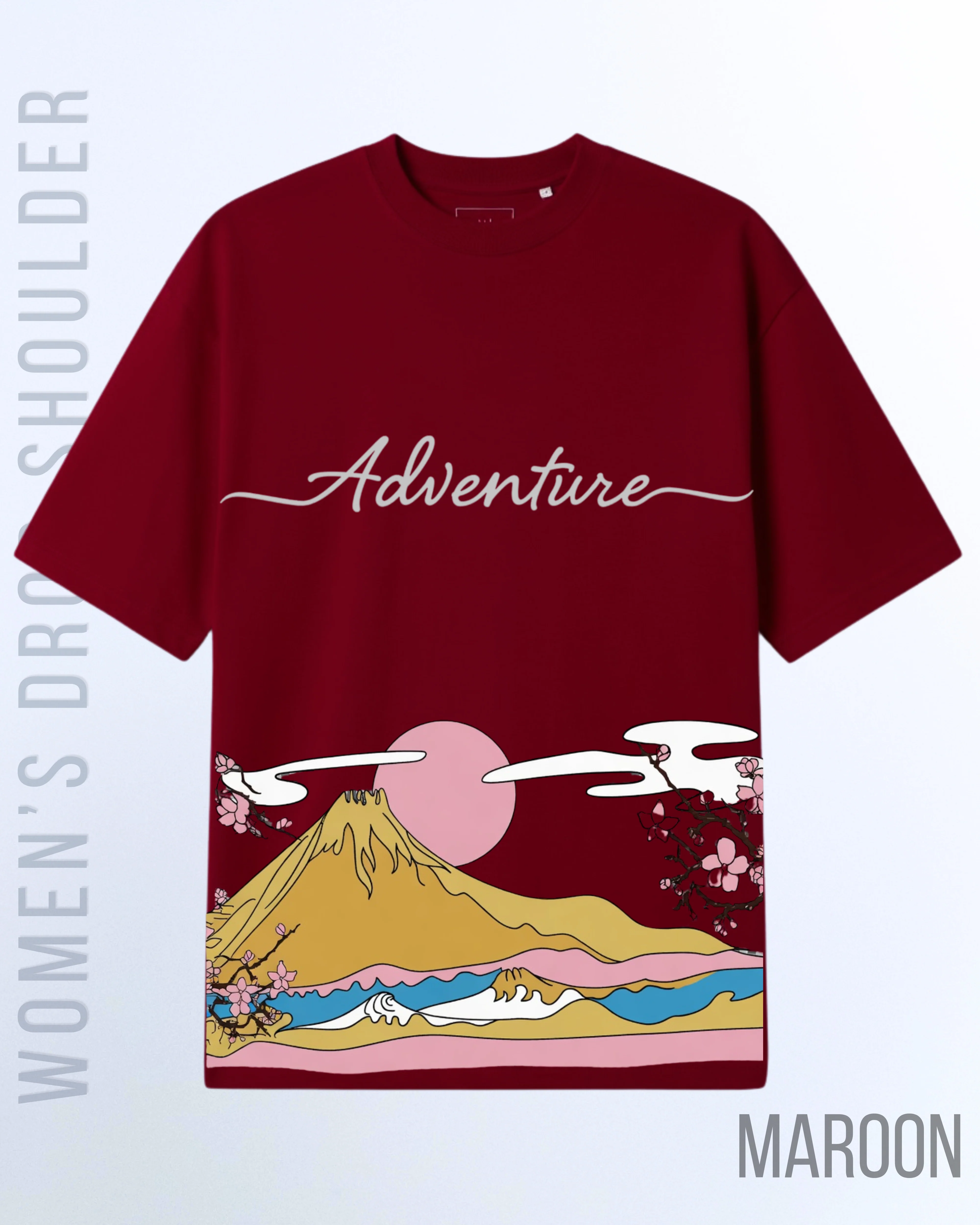 Maroon Women's Adventure Graphic Drop Shoulder T-Shirt (Code 5054)
