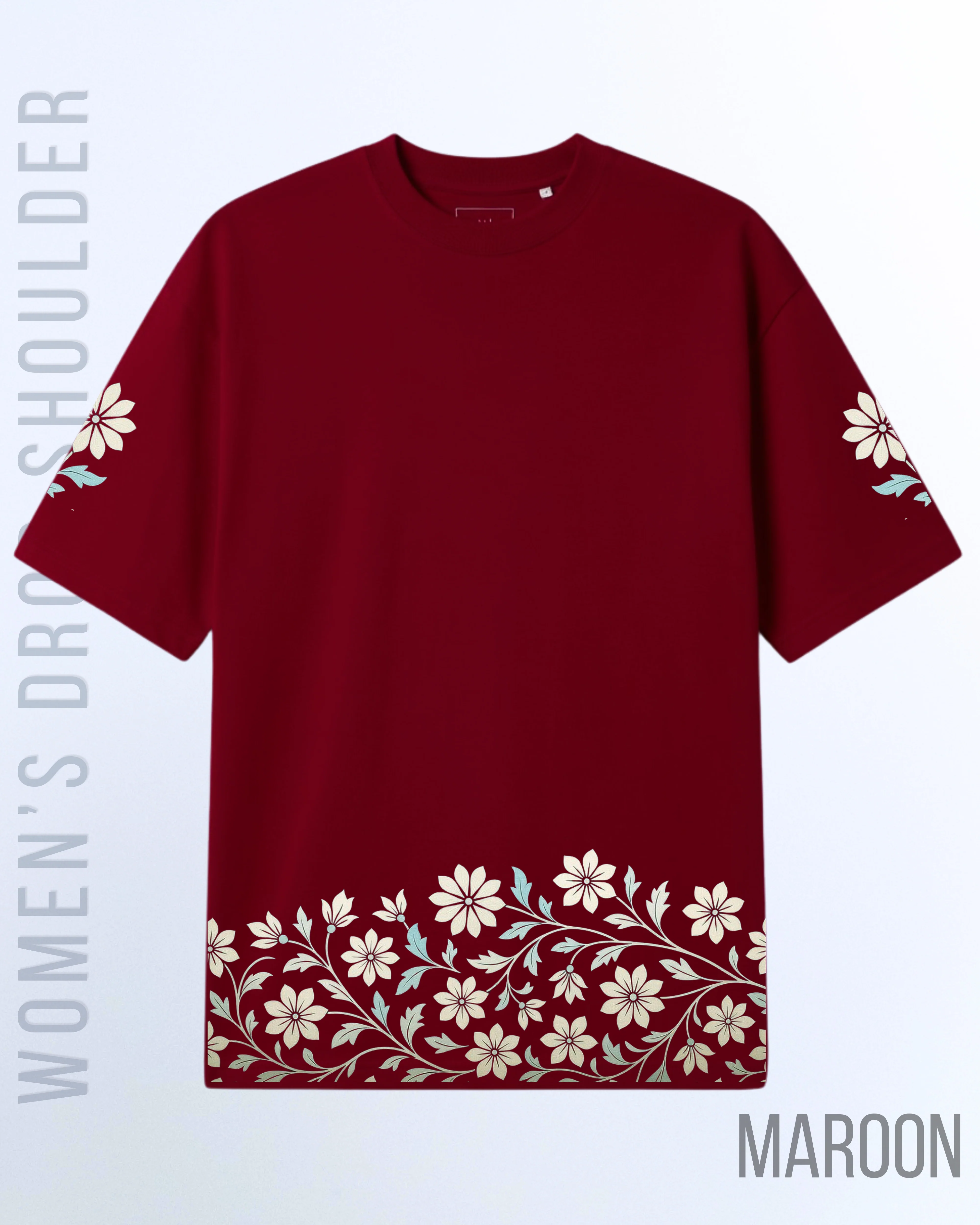 Maroon Women's Elegant Bloom Border Graphic Drop Shoulder T-Shirt (Code 5052) - Image 2