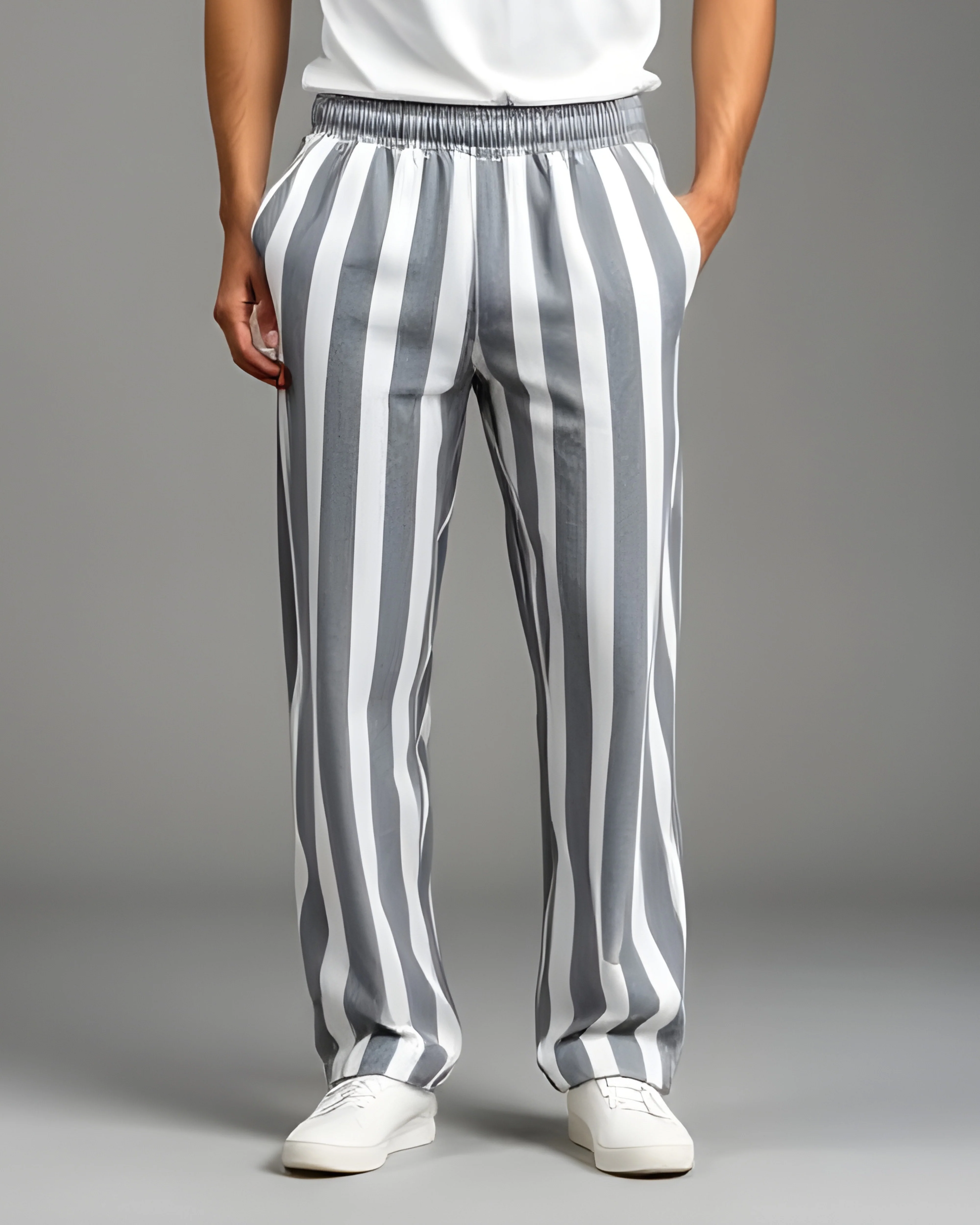 Men’s Grey & White Striped Dry Fit Pajama – Comfortable & Stylish Nightwear (Code 3185)